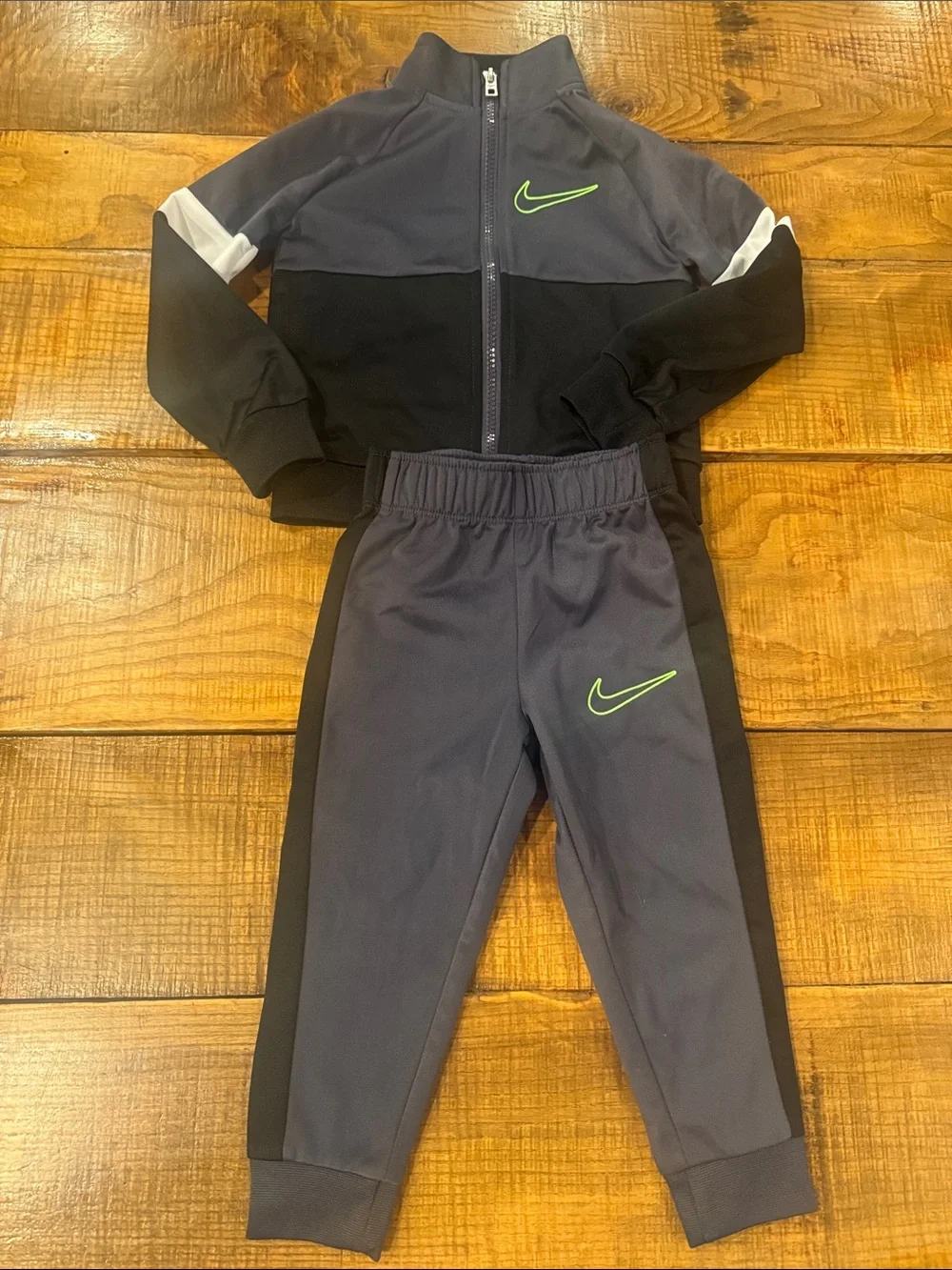 Nike Kids' Gray and Black Tracksuit with Neon Green Swoosh